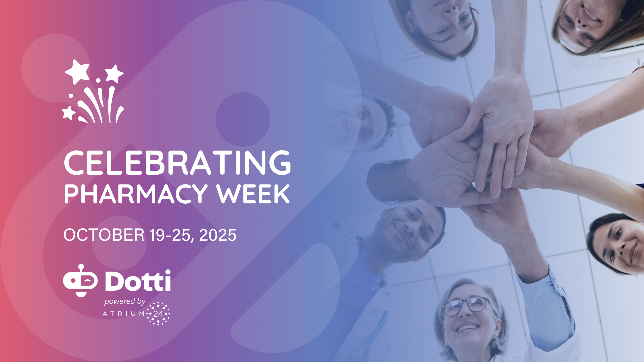 Pharmacy week cover photo with pharmacists standing in a circle putting their hands in together.