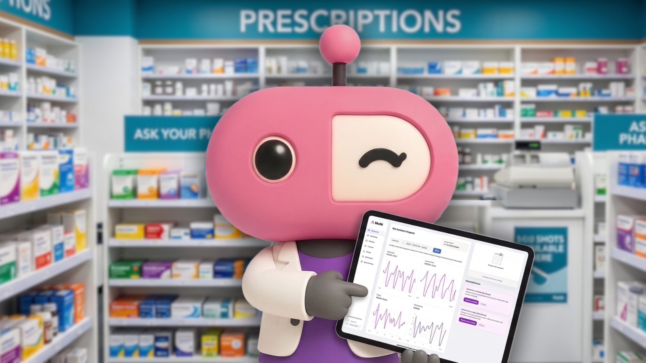 A graphic of our mascot, Dotti, is a 3D version of our logo holding a tablet with a dashboard from our Dotti software. The background is a pharmacy with prescriptions and shelving.